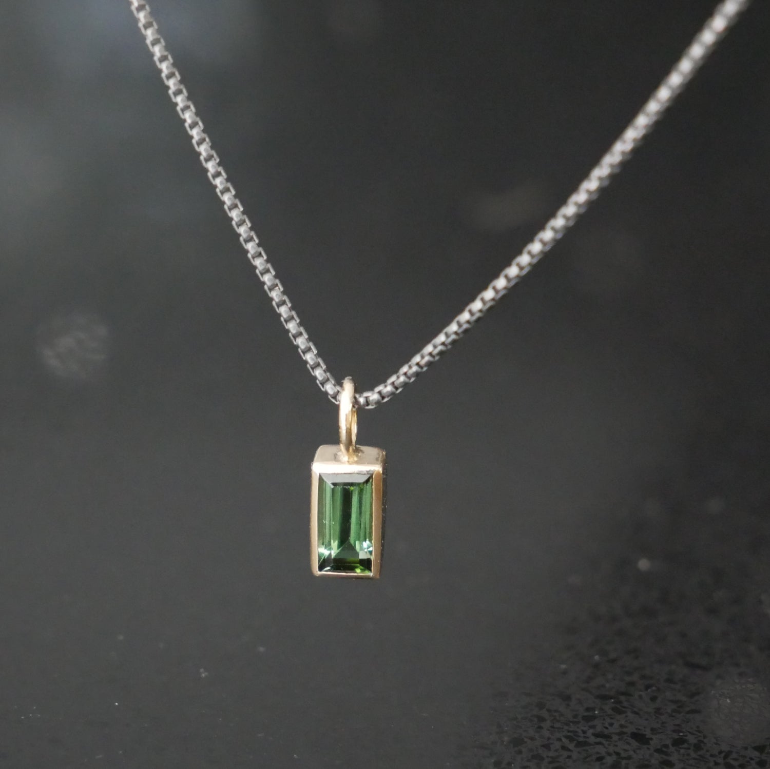 Tiny 9ct gold tourmaline baguette pendant