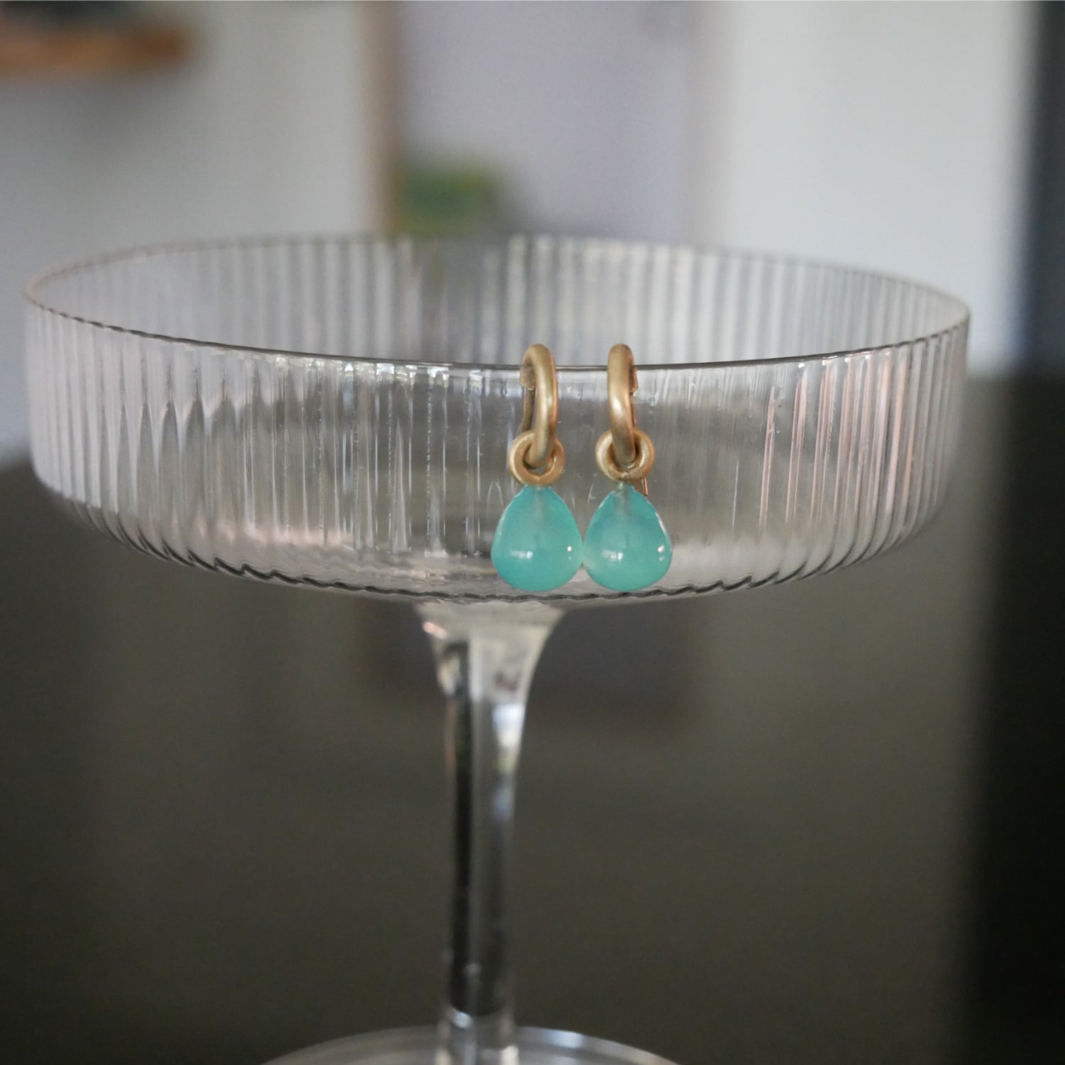 Tiny 9ct gold hoops with Chalcedony drops