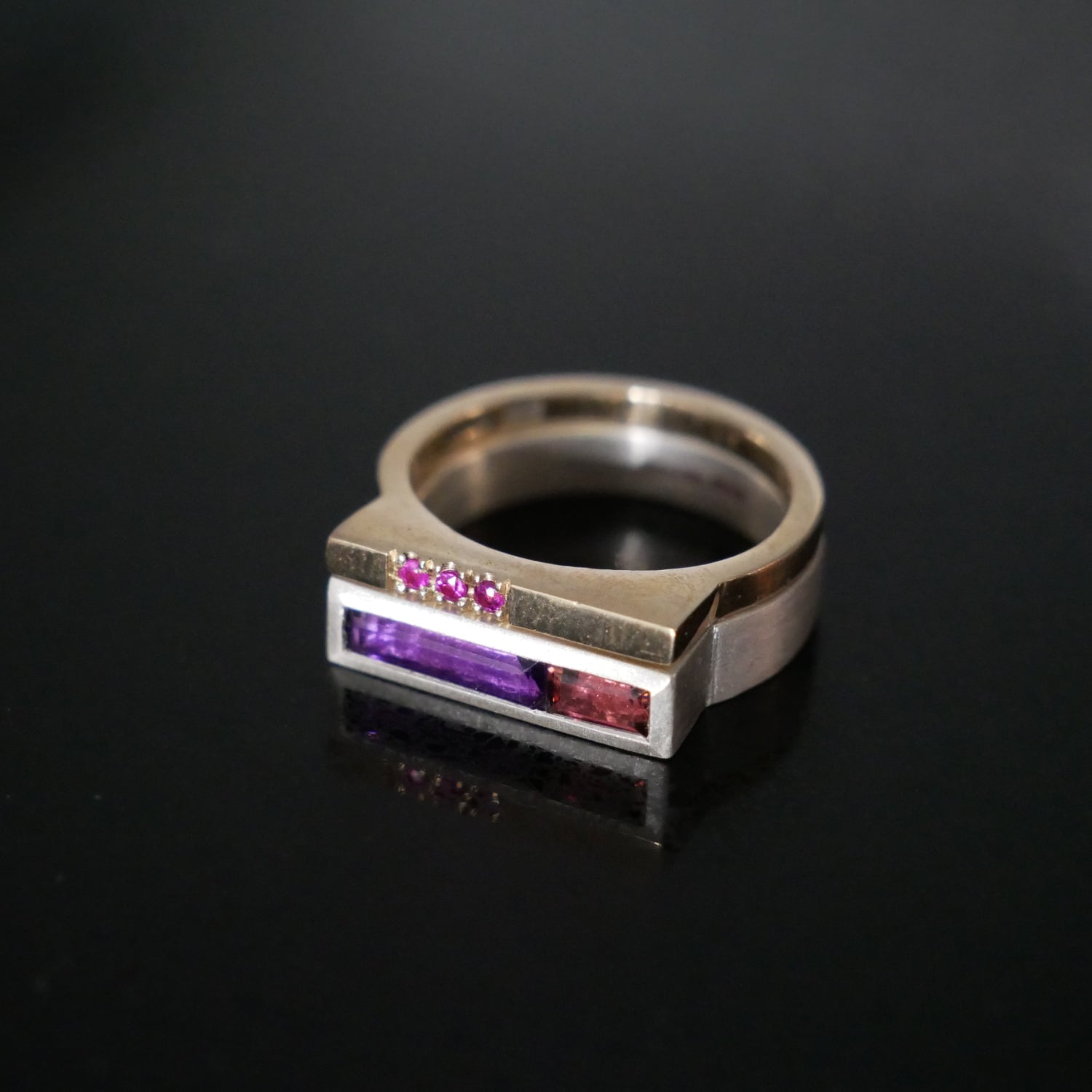 Architect rings, amethyst, garnet and ruby