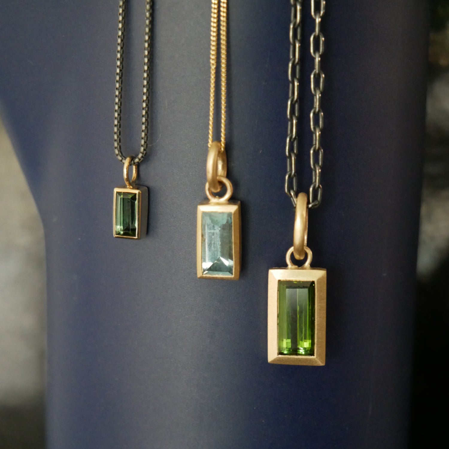 Baguette tourmaline and aquamarine pendants