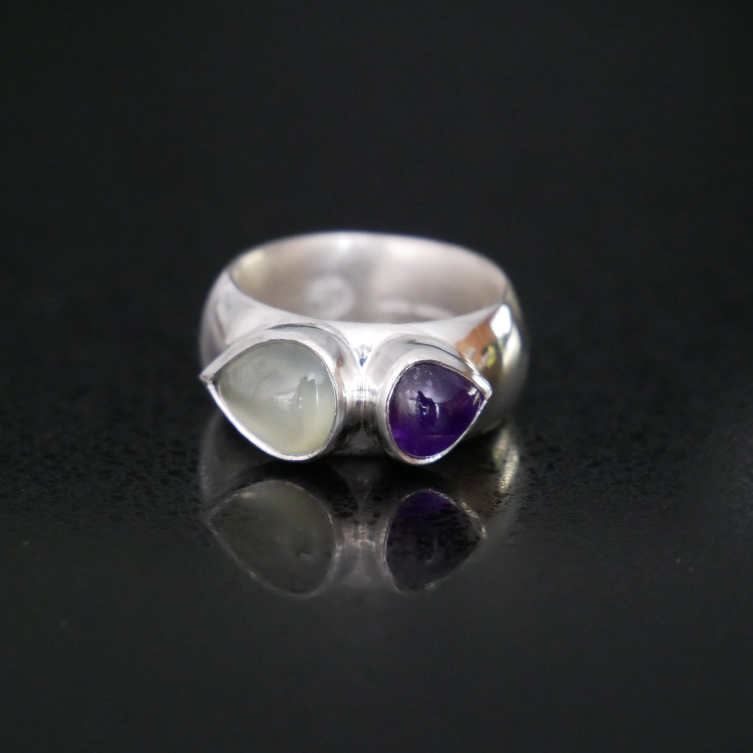 wide silver ring with prehnite and amethyst