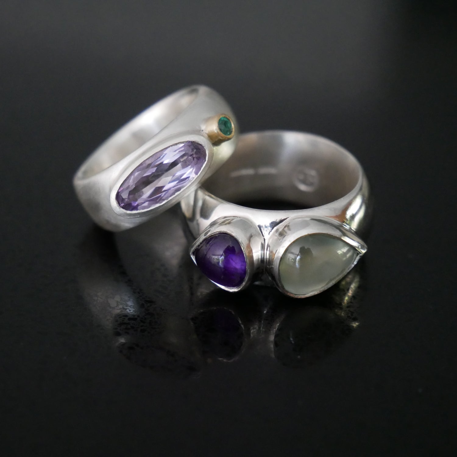 wide silver ring with prehnite and amethyst