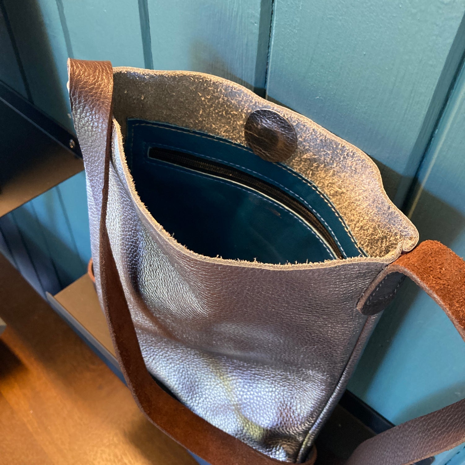 metallic leather crossbody tote