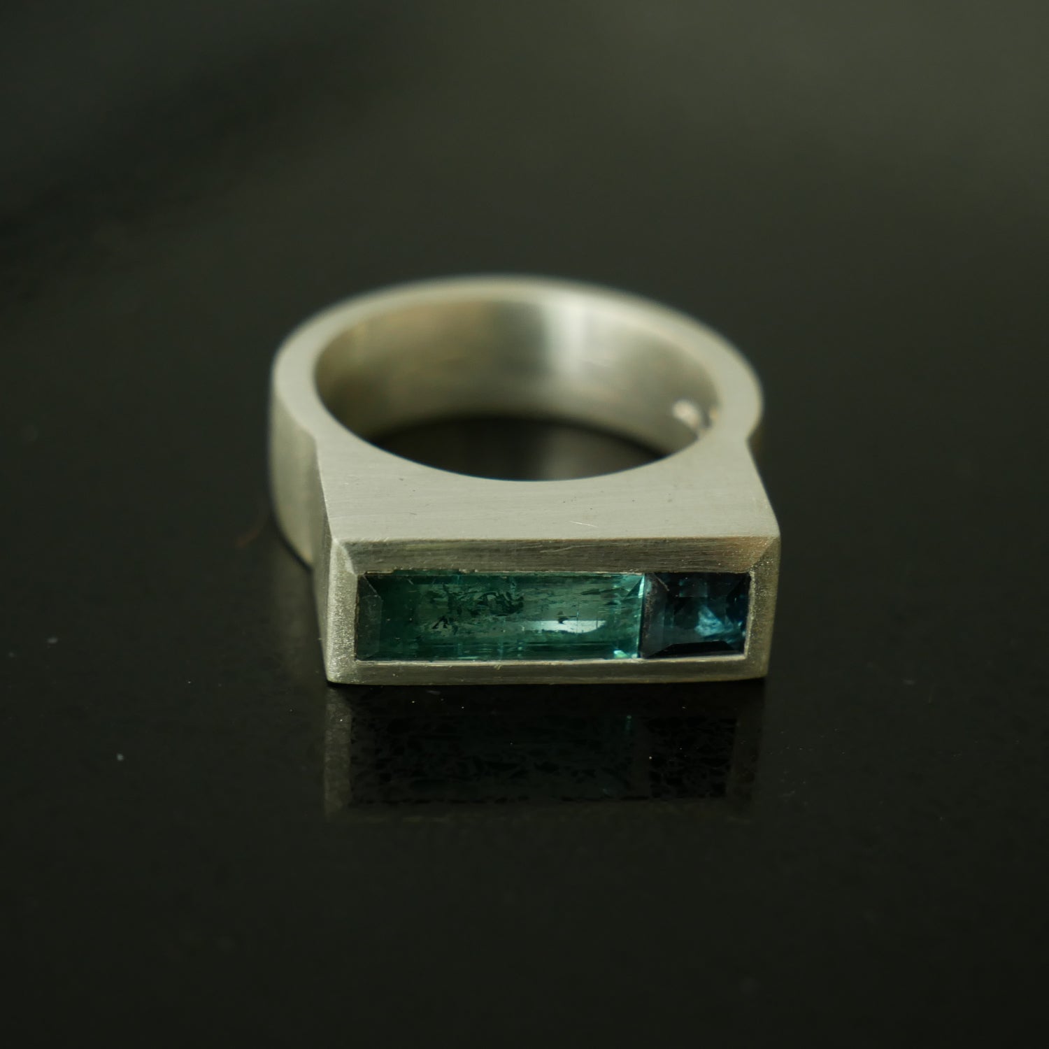 Silver wide architect ring with blue topaz and tourmaline