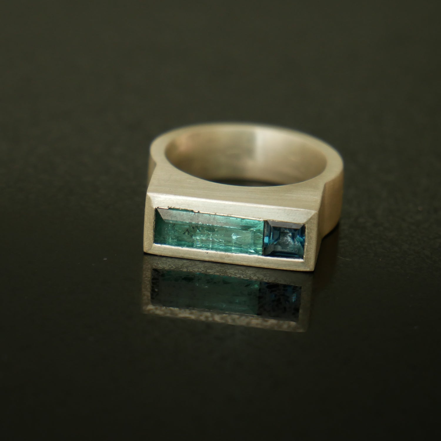 Silver wide architect ring with blue topaz and tourmaline