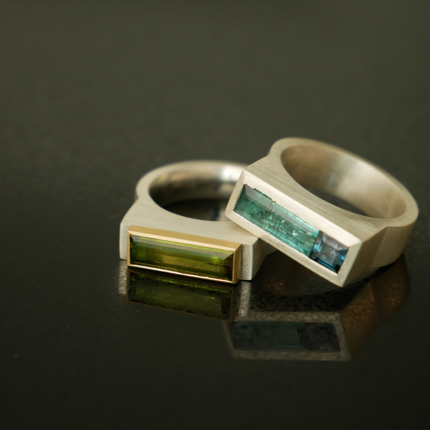 Silver chunky architect ring with green tourmaline