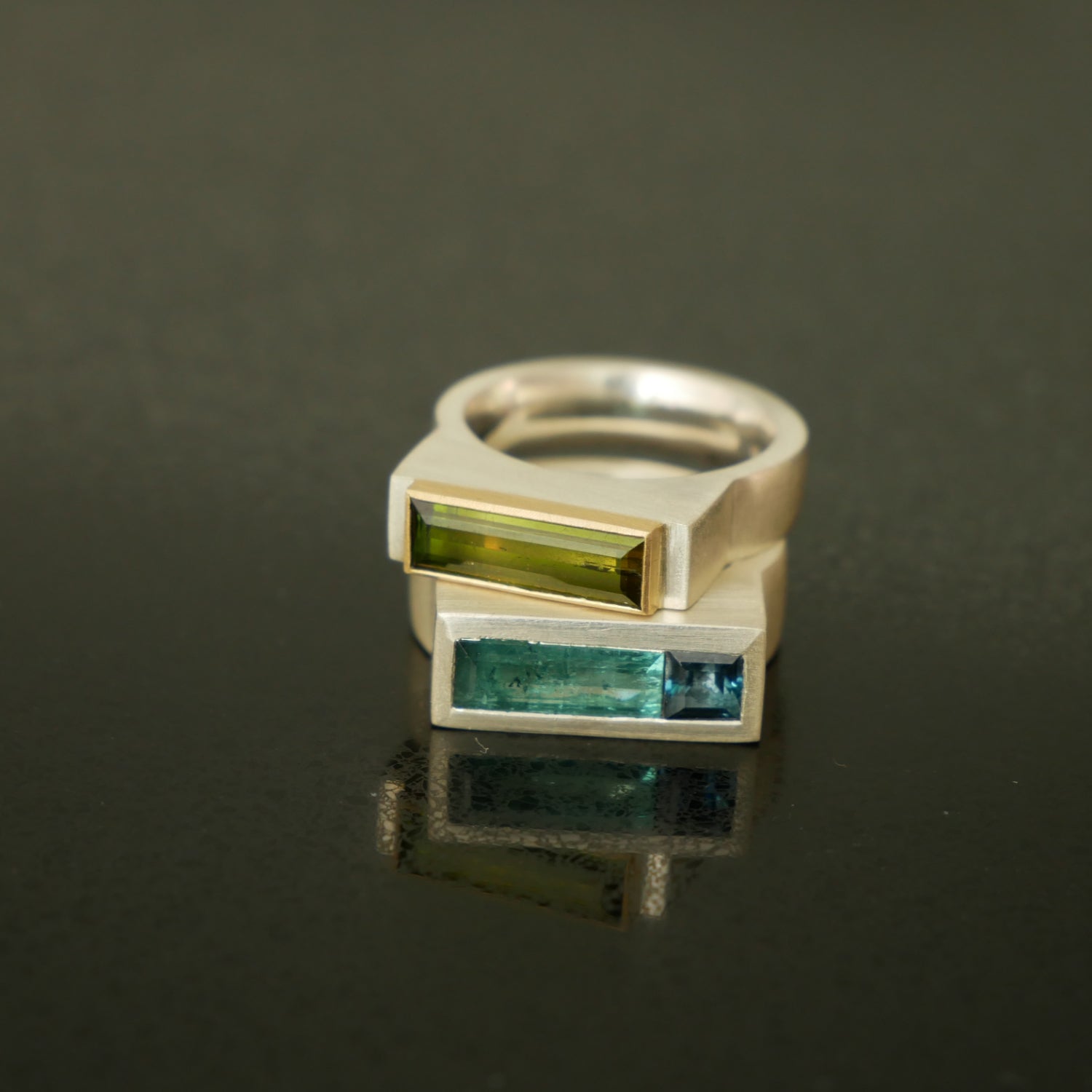 Silver chunky architect ring with green tourmaline