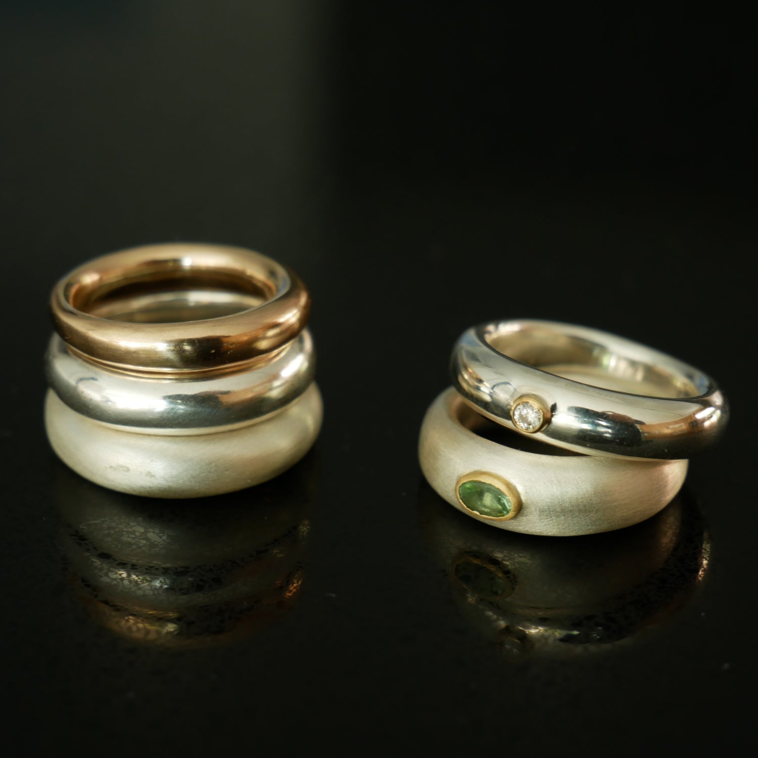 silver gold and gemstone stacking rings