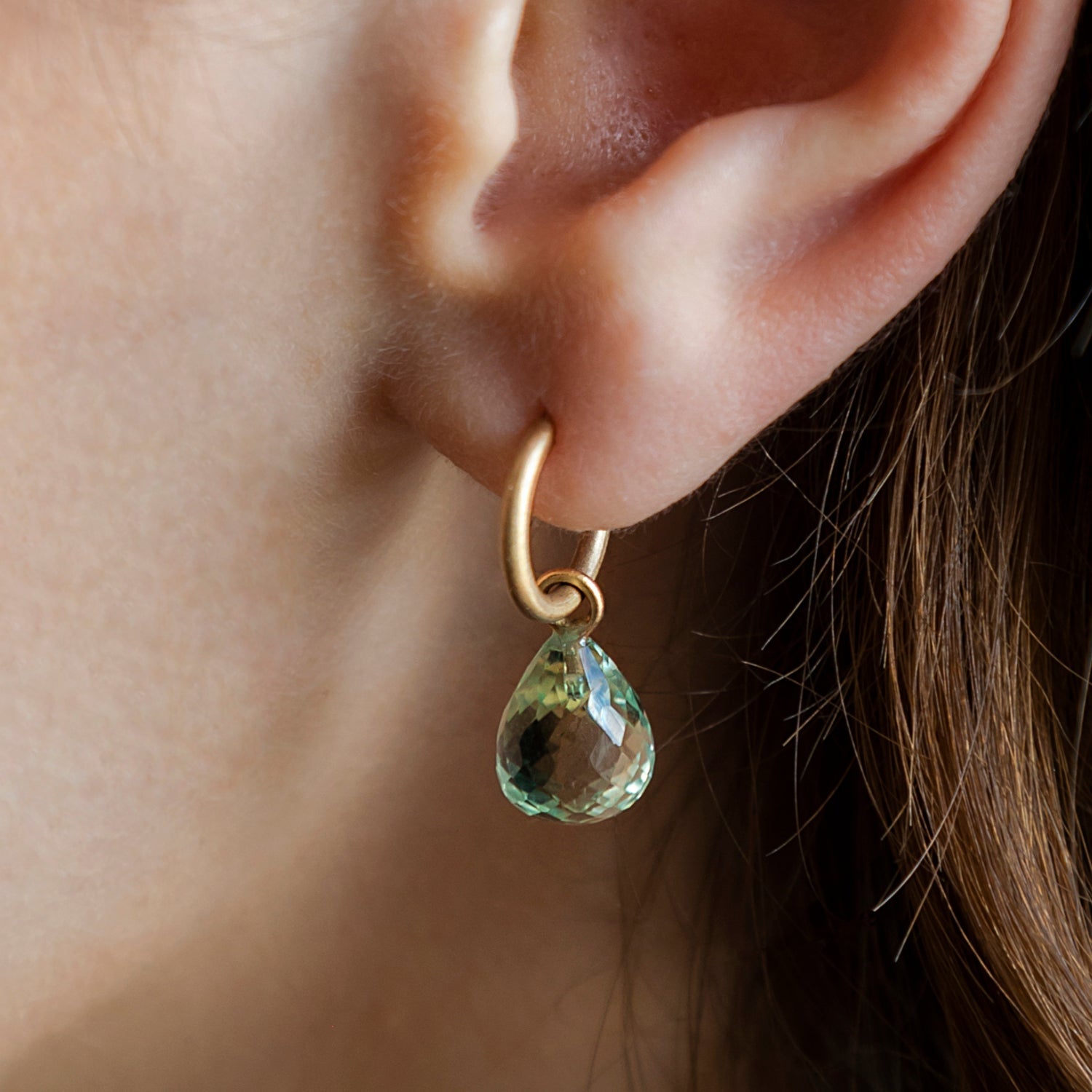 tiny gold hoops with green quartz briolettes