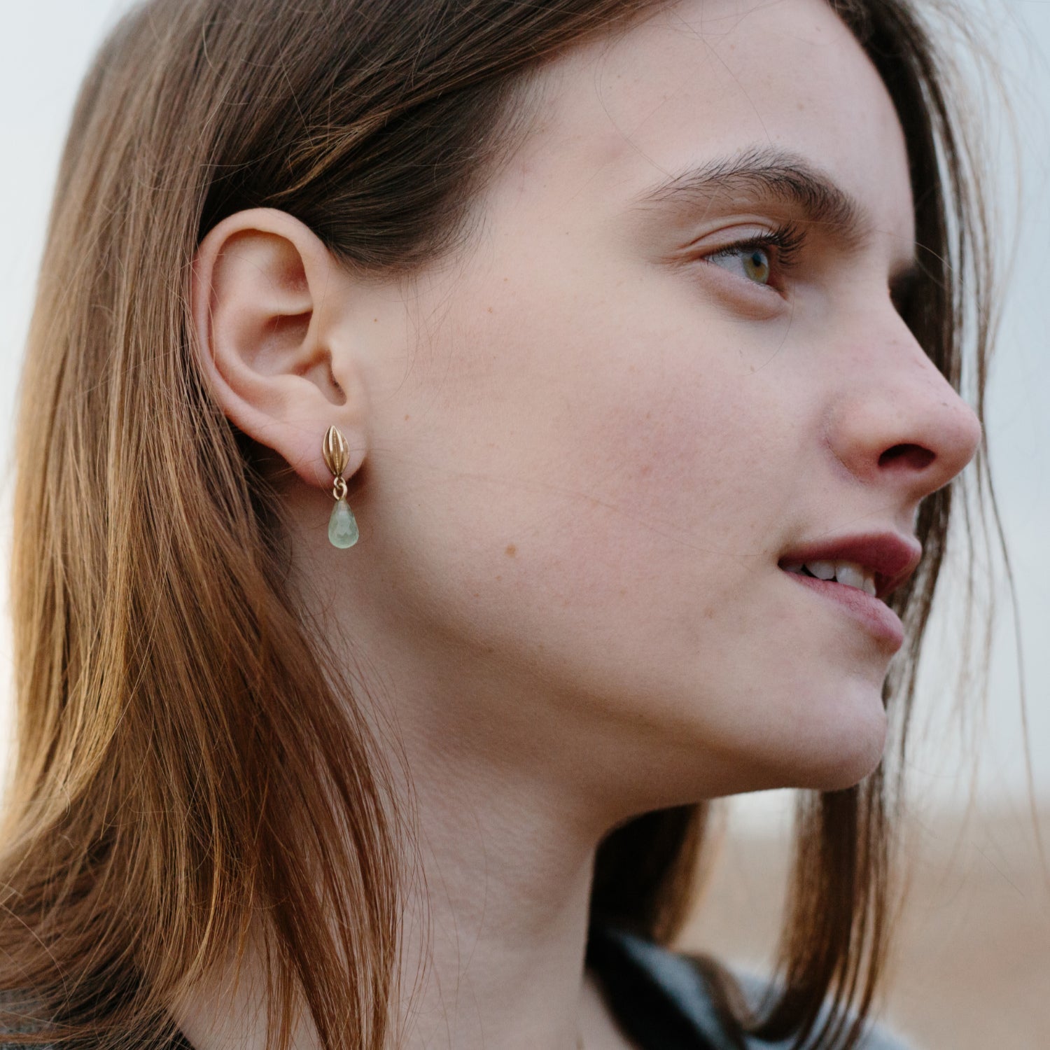 gold pod stud with prehnite