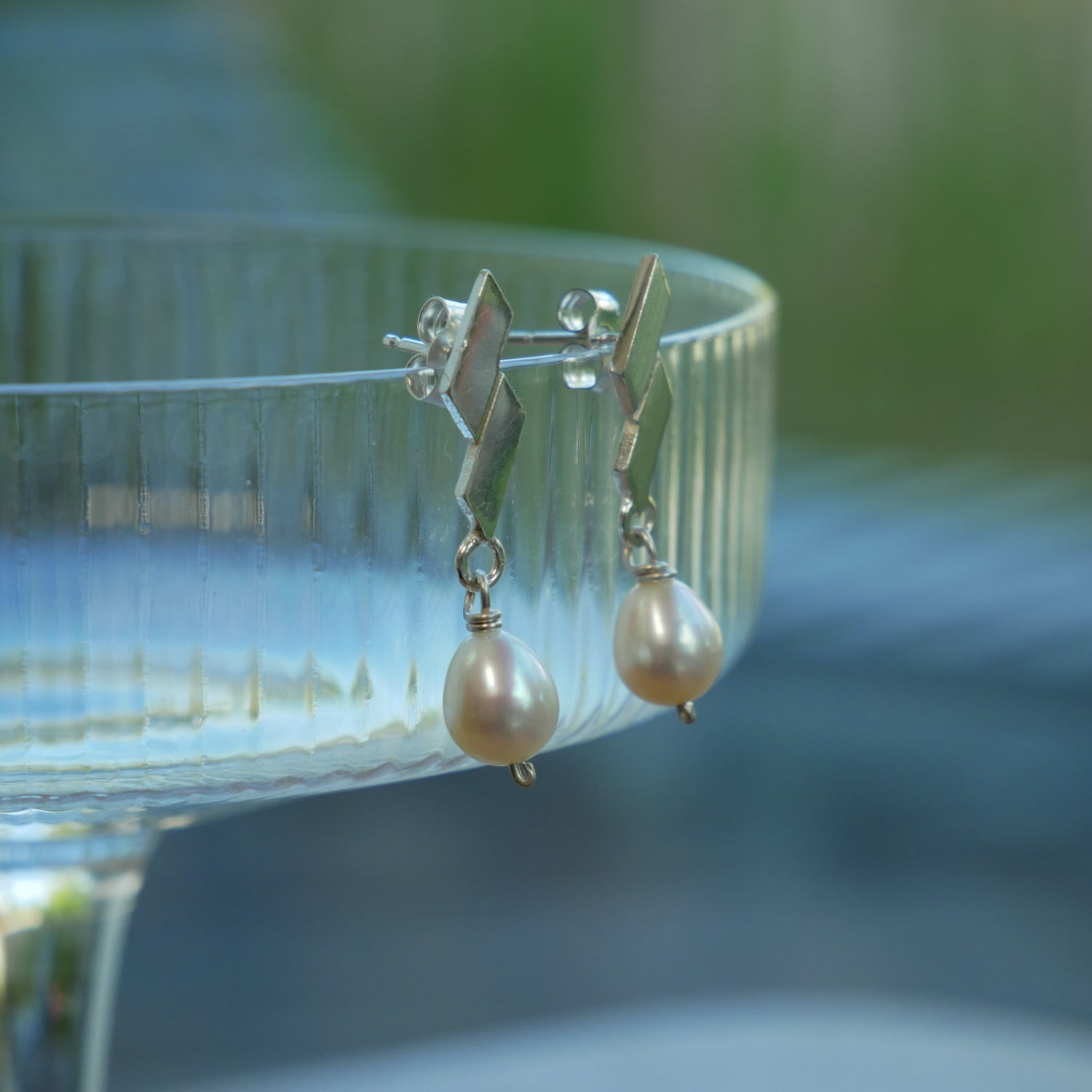 silver and pearl bricktile earrings
