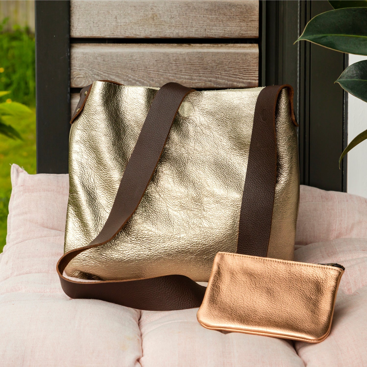 champagne gold crossbody tote