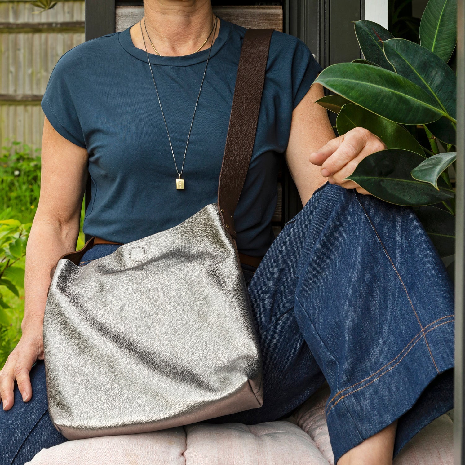 pewter leather tote bag