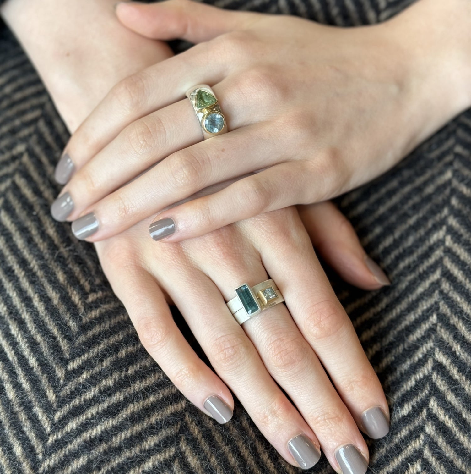 geometric rings with topaz and tourmaline
