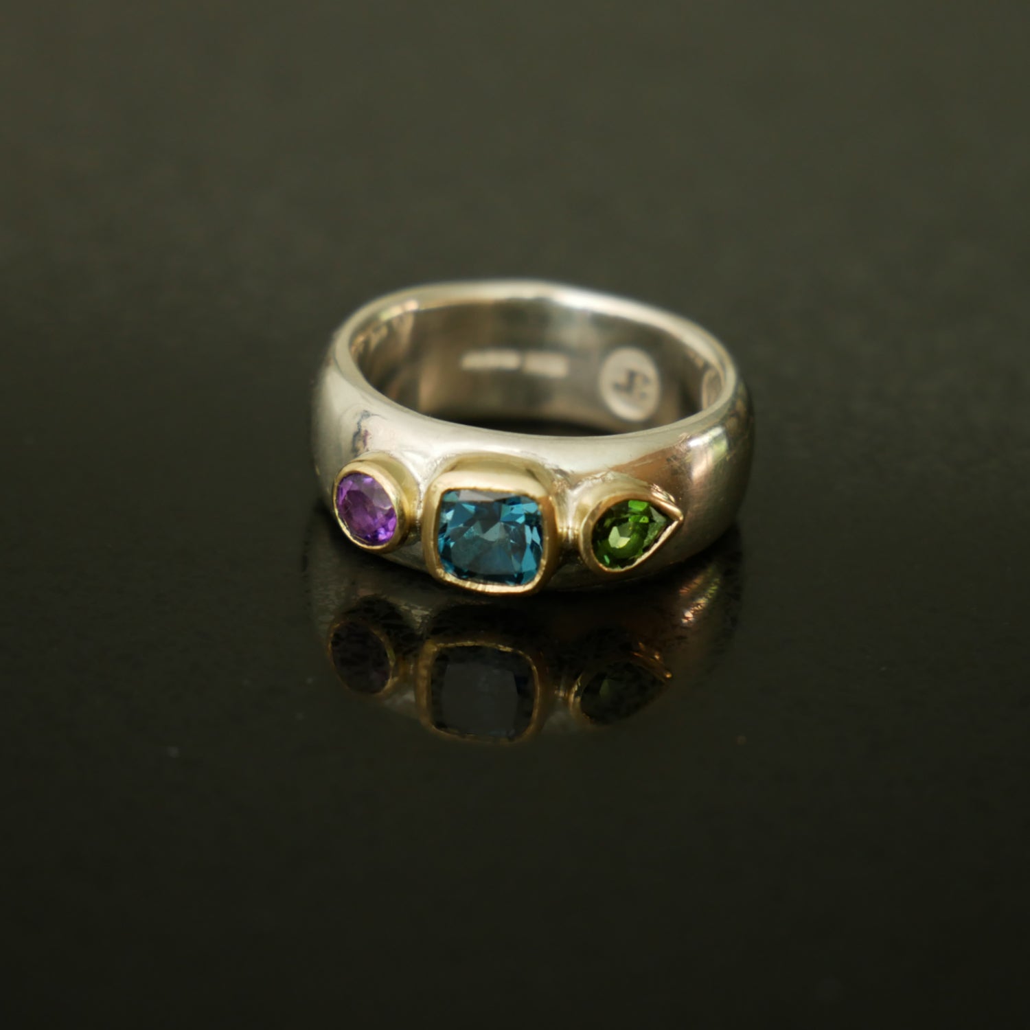 Chunky wide silver and gold 3 stone ring