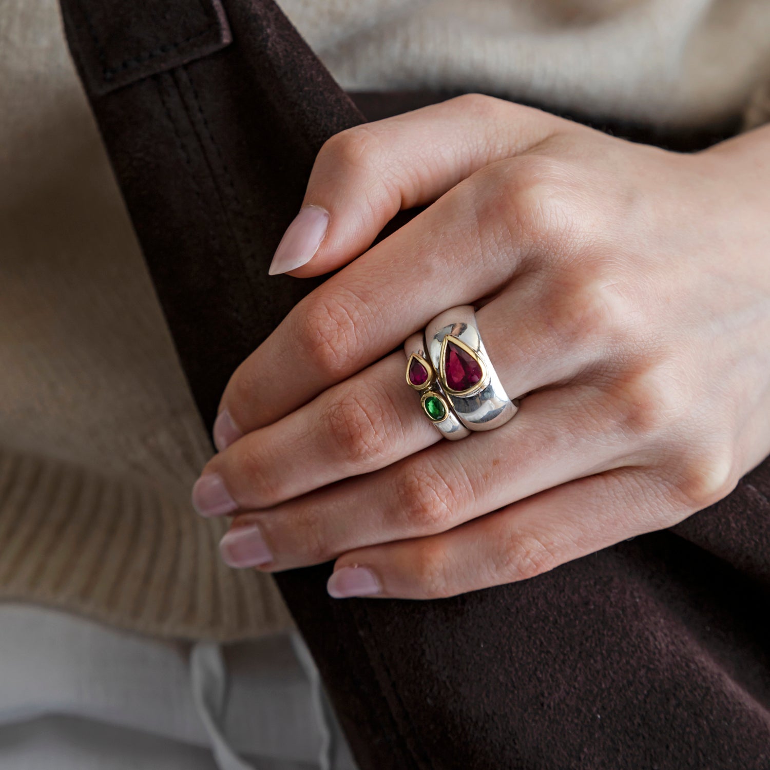 Pink drop tourmaline silver and gold ring