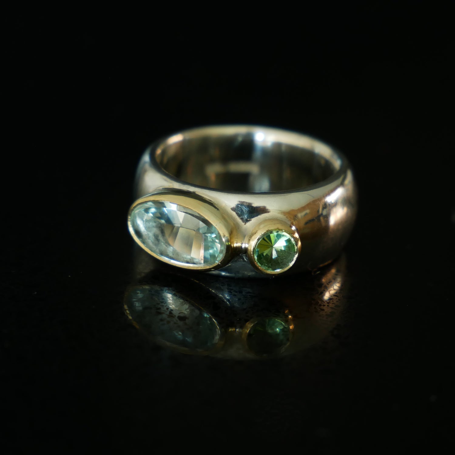 Chunky wide ring with Aquamarine and Tourmaline
