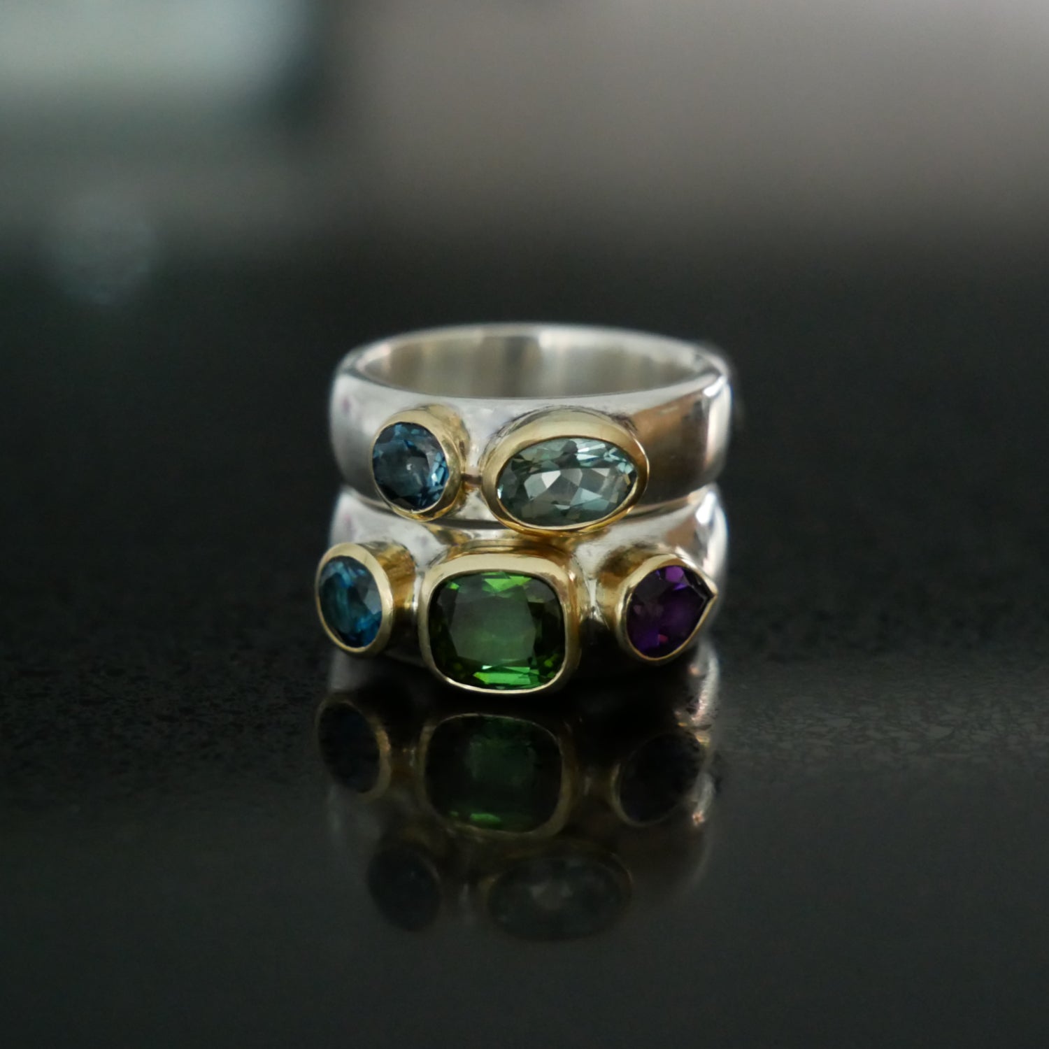 Chunky silver ring with tourmaline, Topaz and Amethyst
