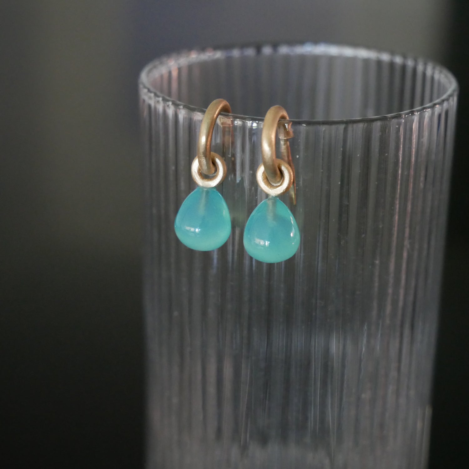Tiny 9ct gold hoops with Chalcedony drops