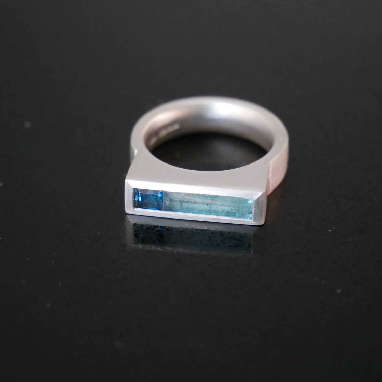 Silver wide architect ring with blue topaz and tourmaline