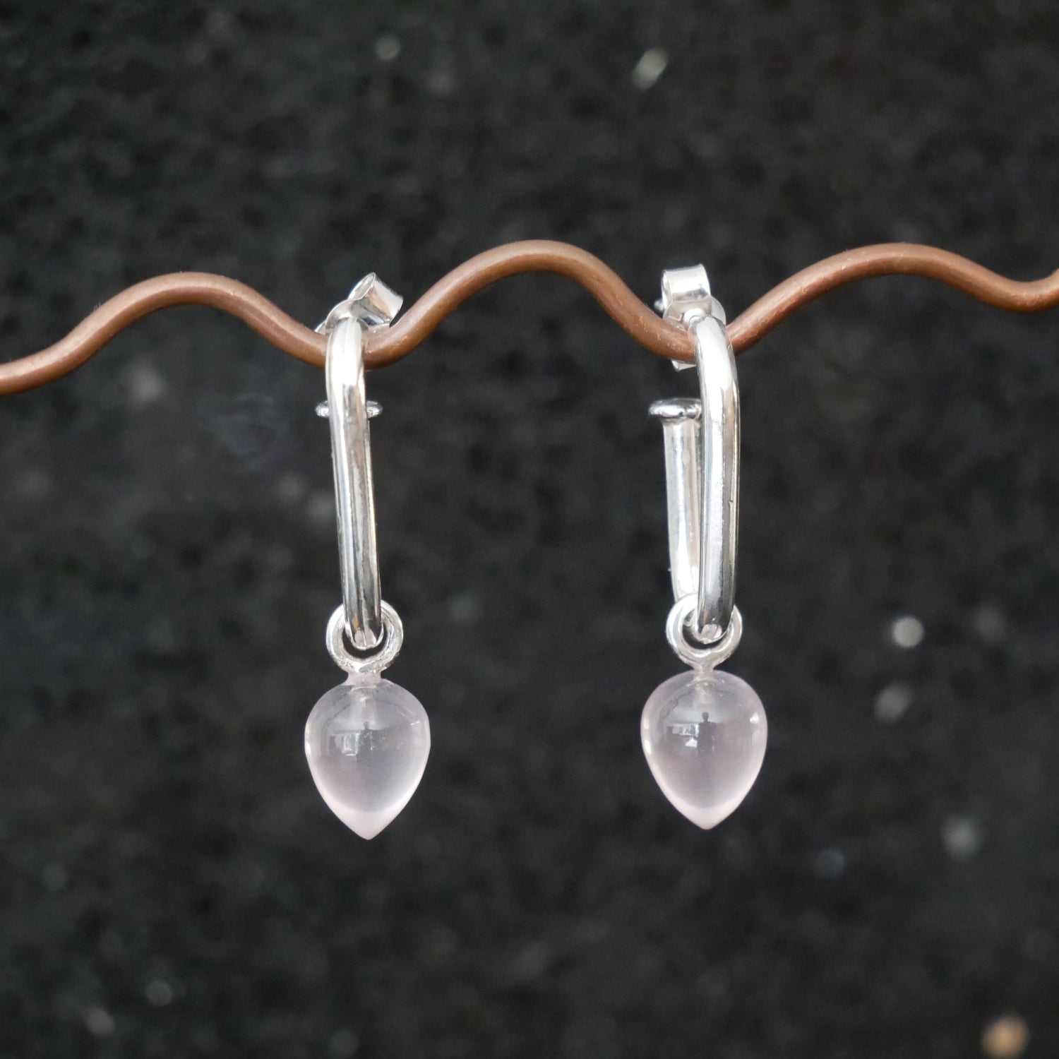 Silver long hoops with Rose Quartz
