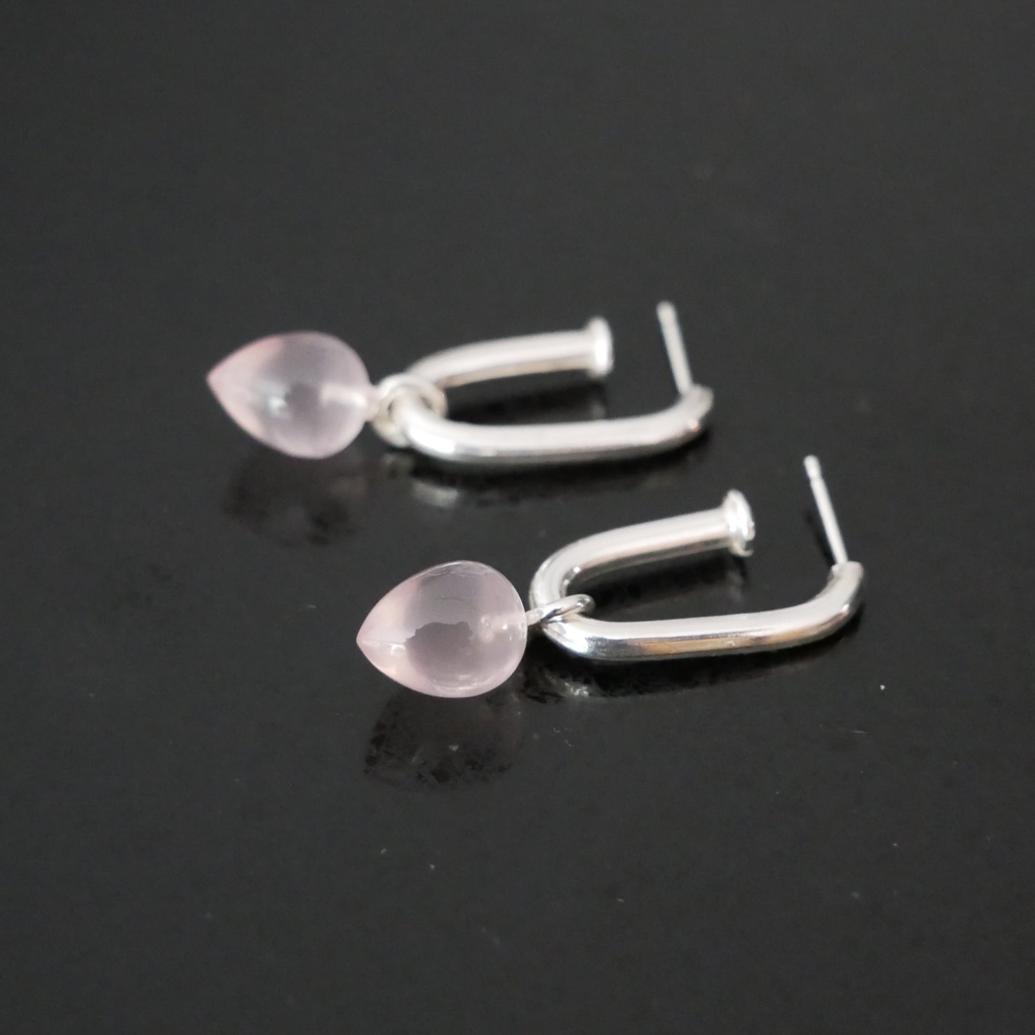 Silver long hoops with Rose Quartz