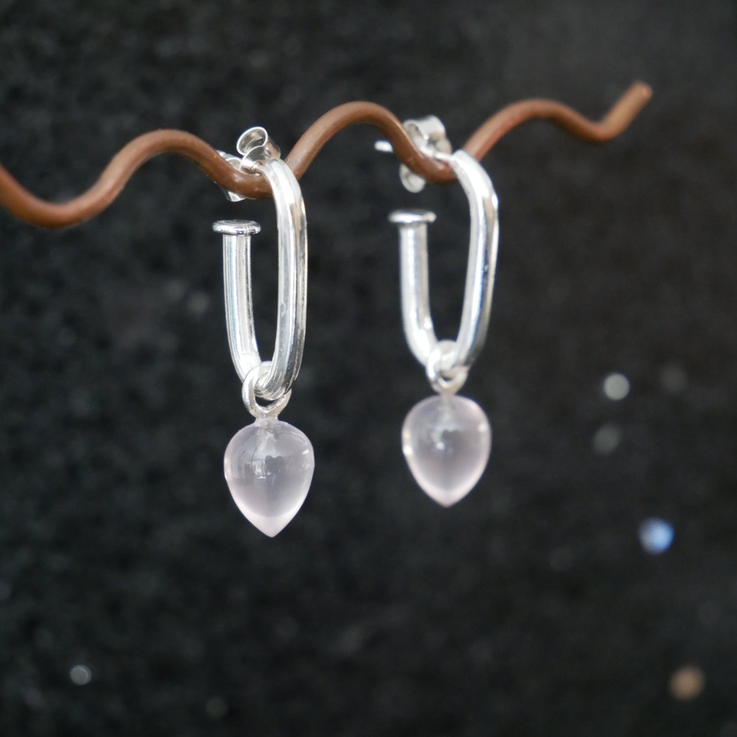 Silver long hoops with Rose Quartz