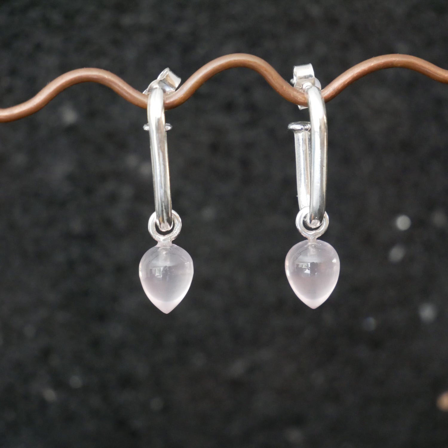 Silver long hoops with Rose Quartz