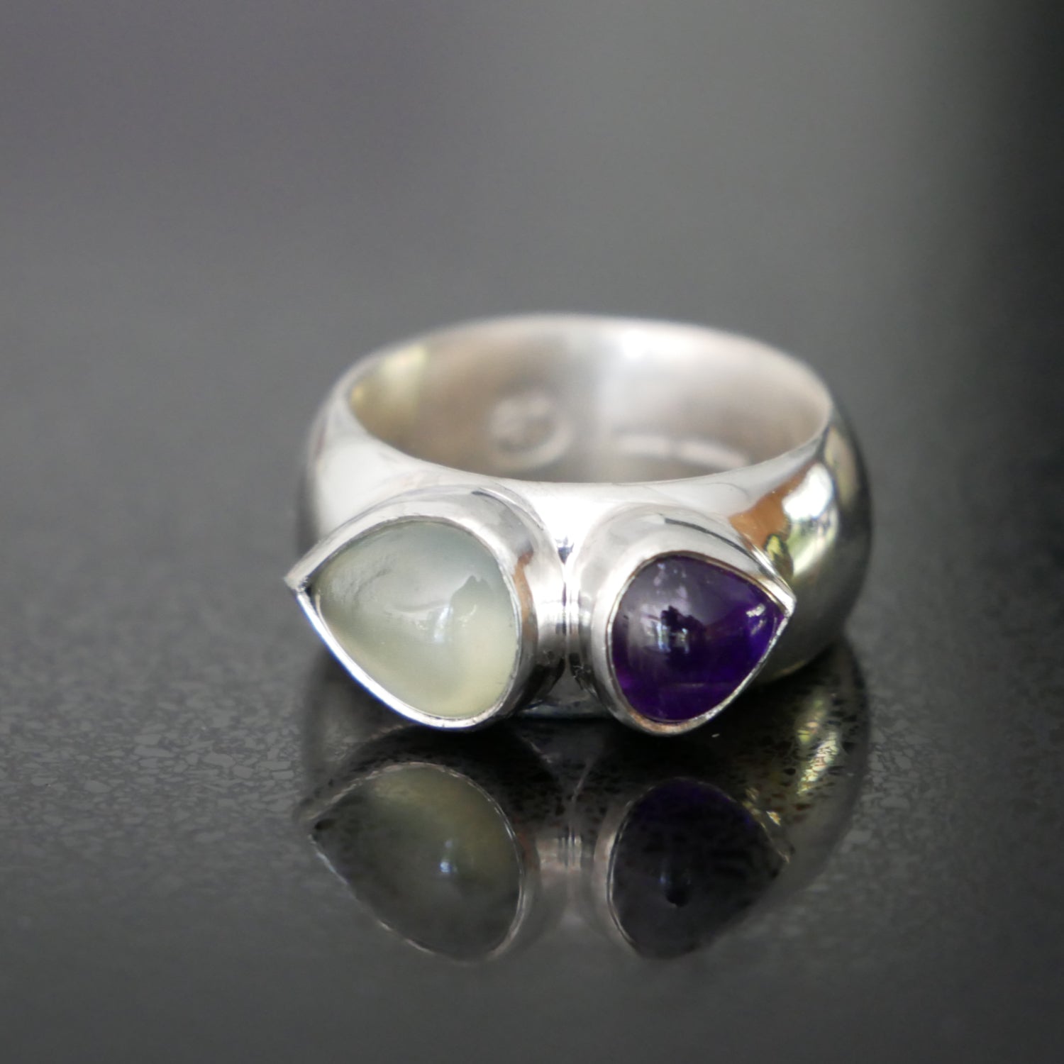 wide silver ring with prehnite and amethyst