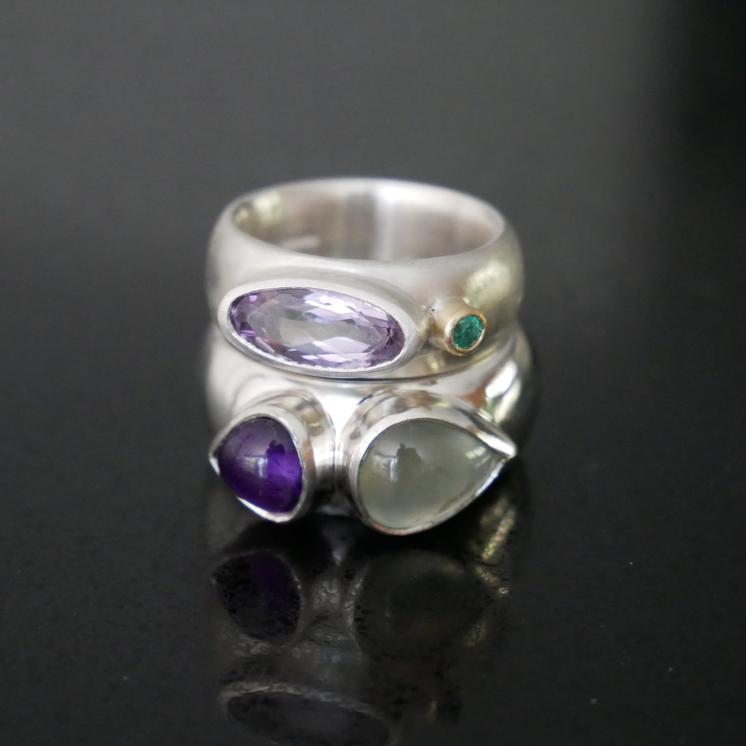 wide silver ring with prehnite and amethyst