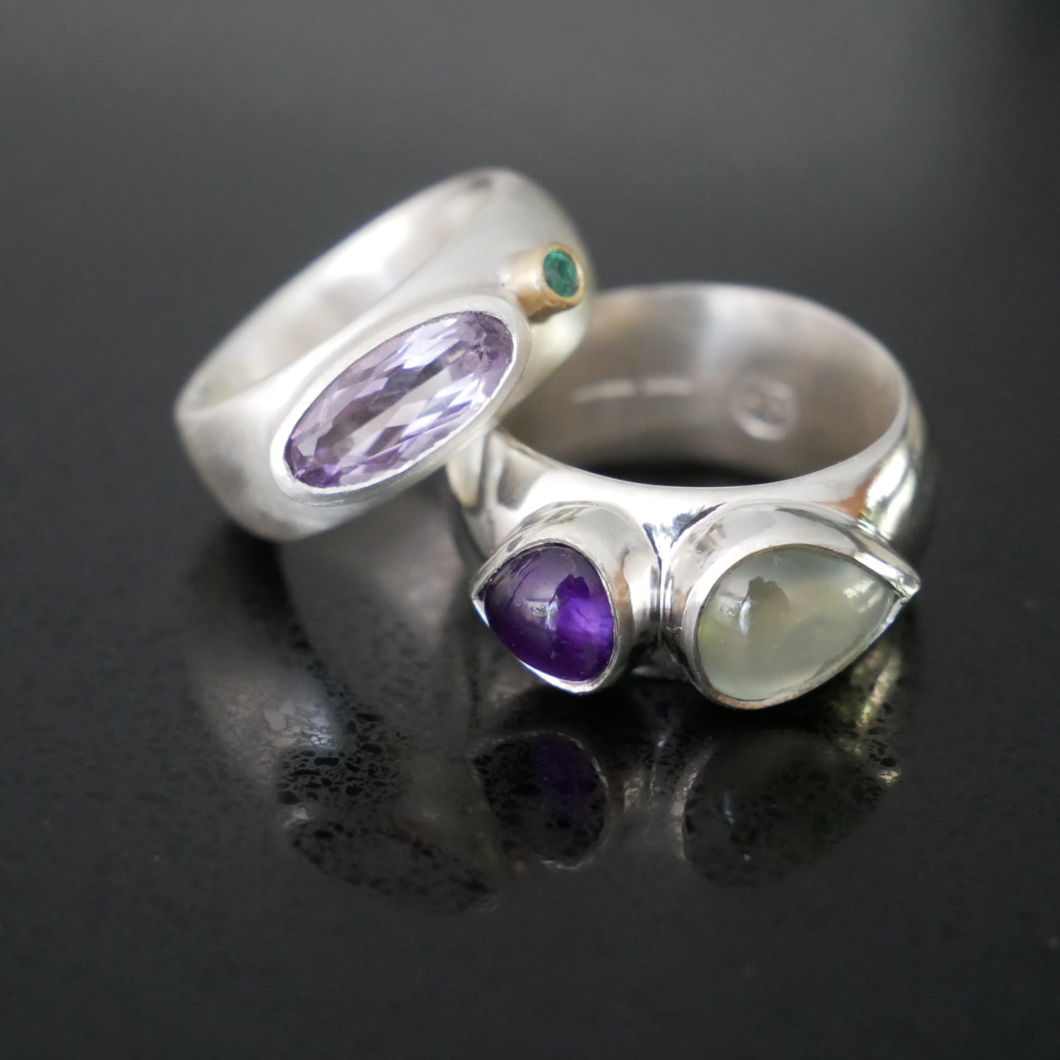 wide silver ring with prehnite and amethyst