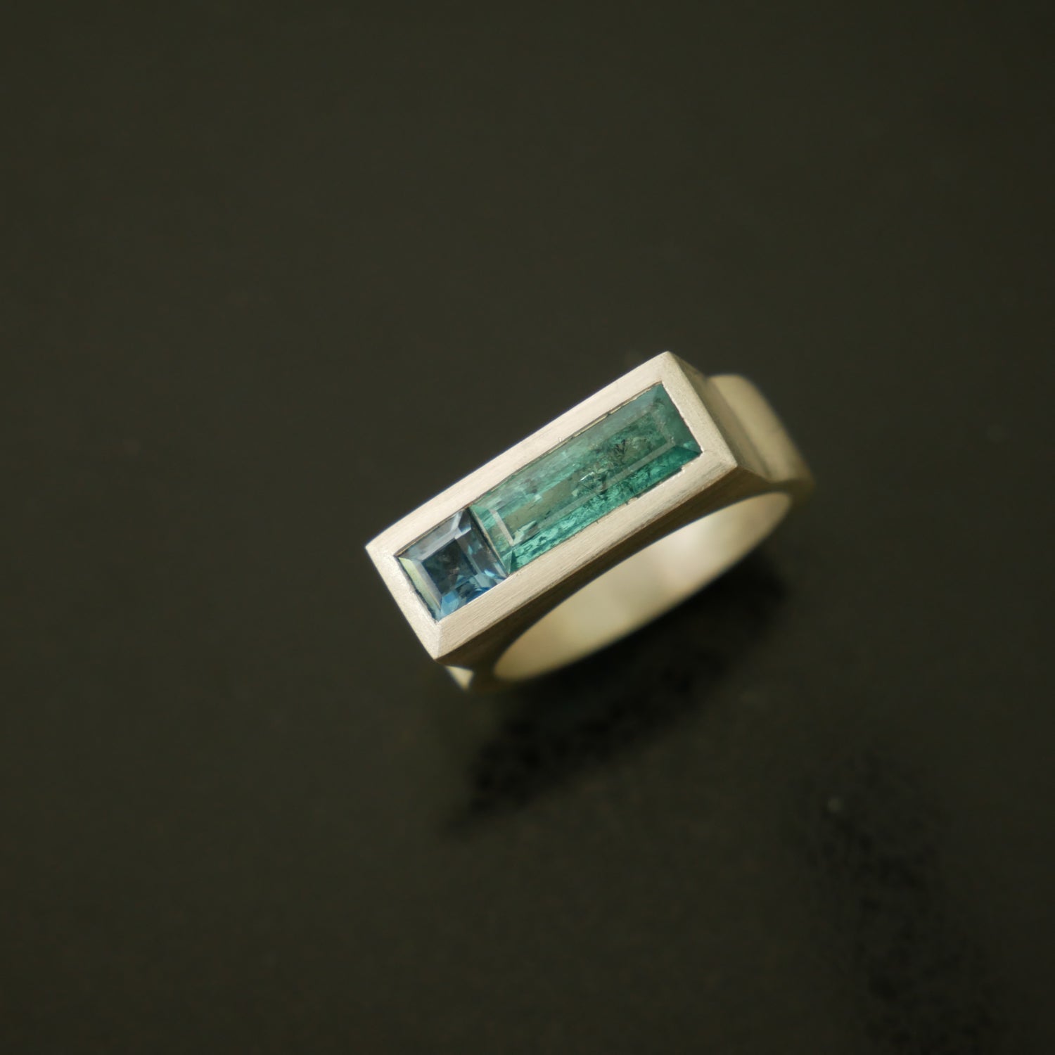 Silver wide architect ring with blue topaz and tourmaline