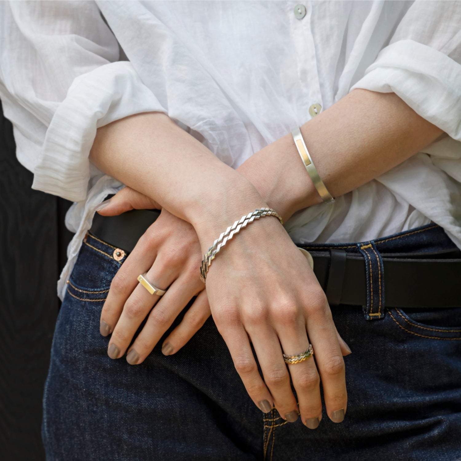 Silver and gold architect hinged bangle