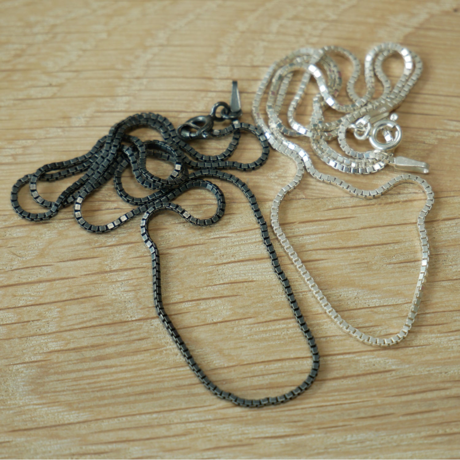 silver and oxydised box chain