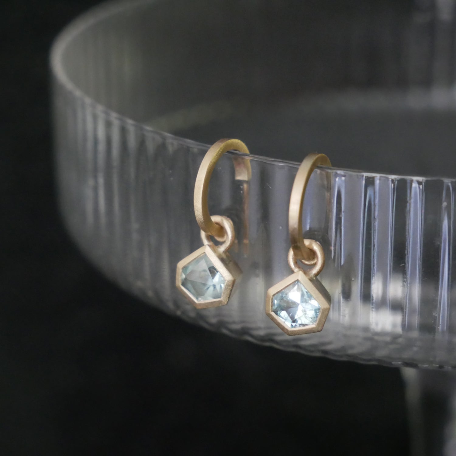Aquamarine geometric drops on gold hoop earrings