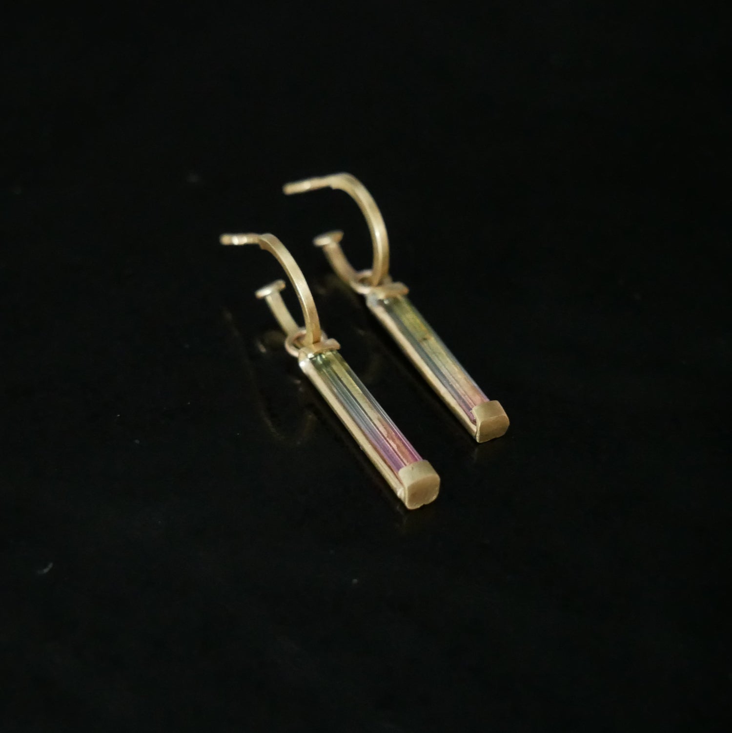 watermelon tourmaline baguette hoop earring