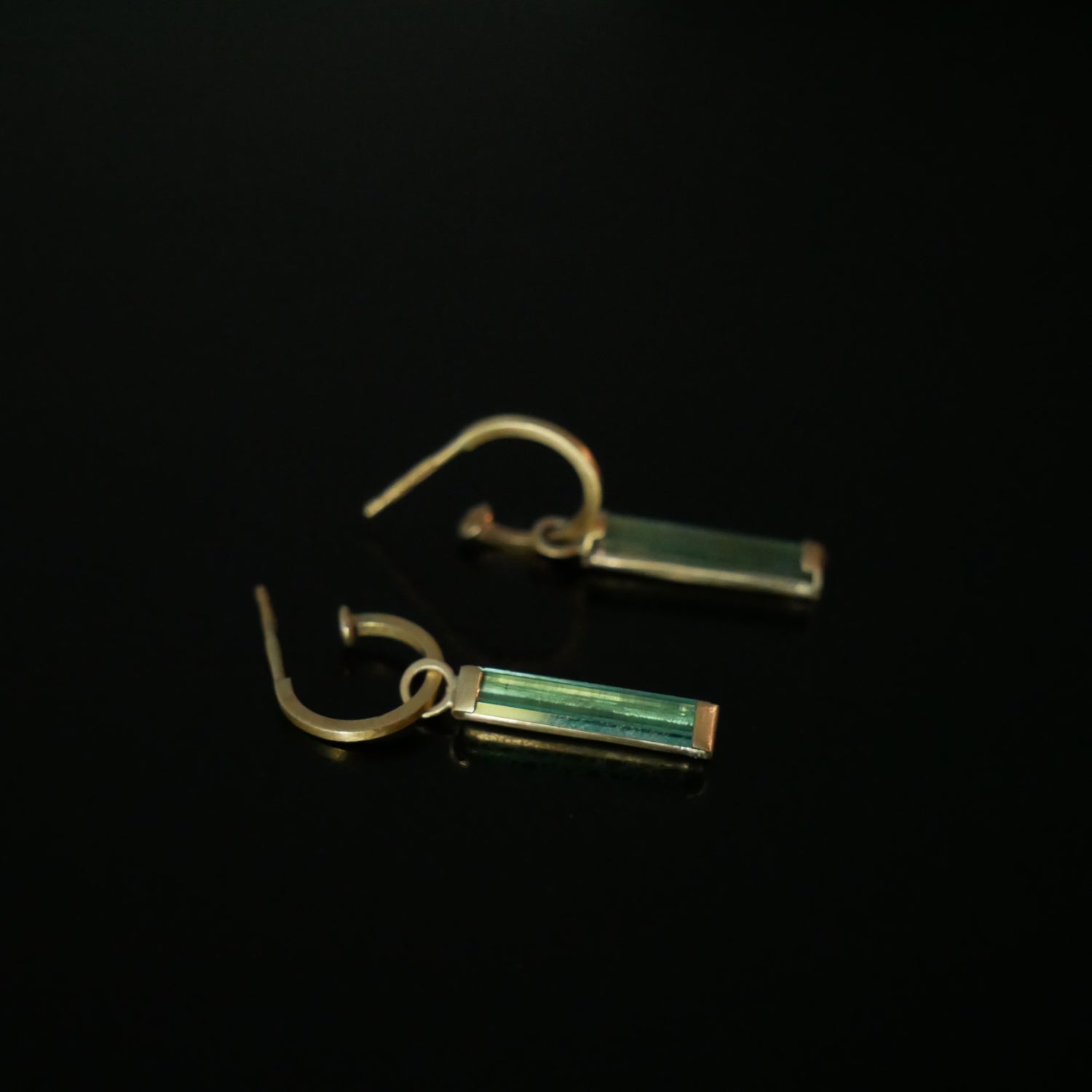 9ct Gold Tiny Hoops With Tourmaline Baguette Drops