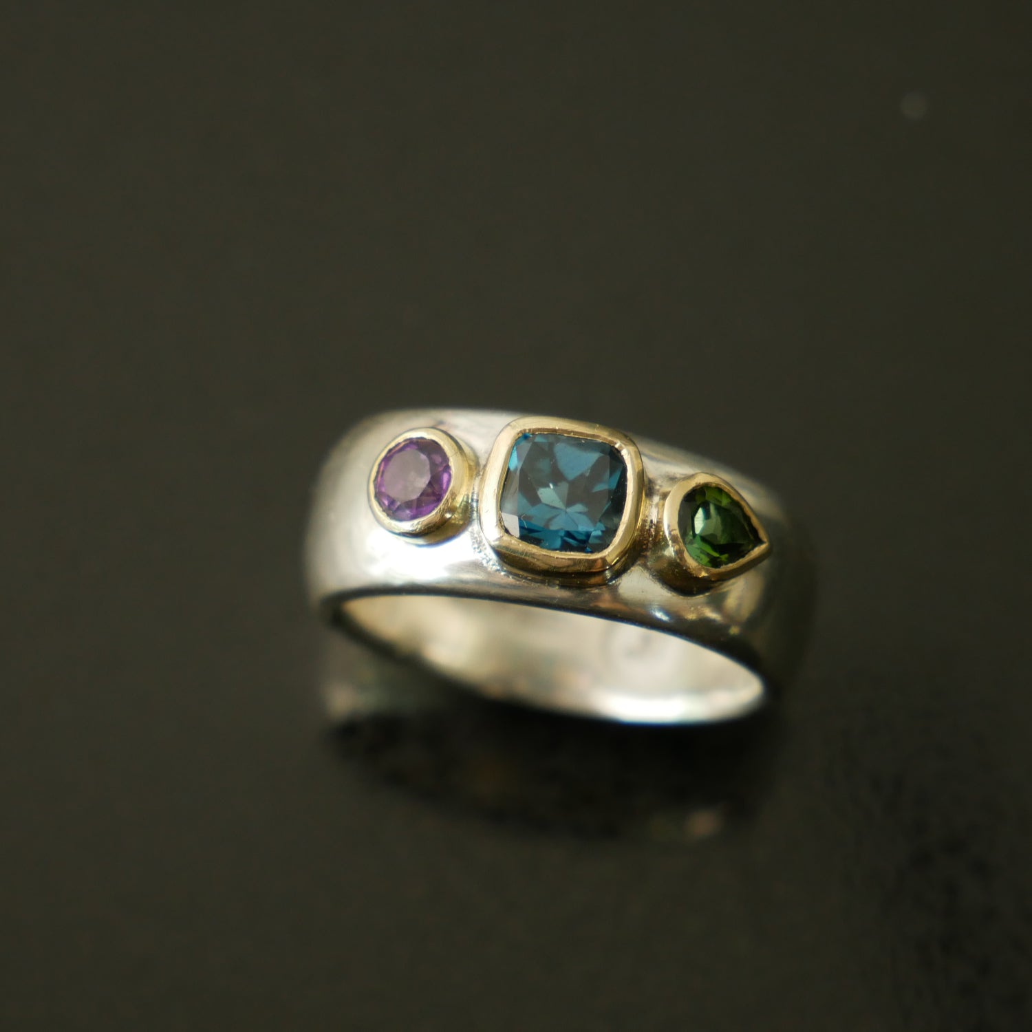Chunky wide silver and gold 3 stone ring