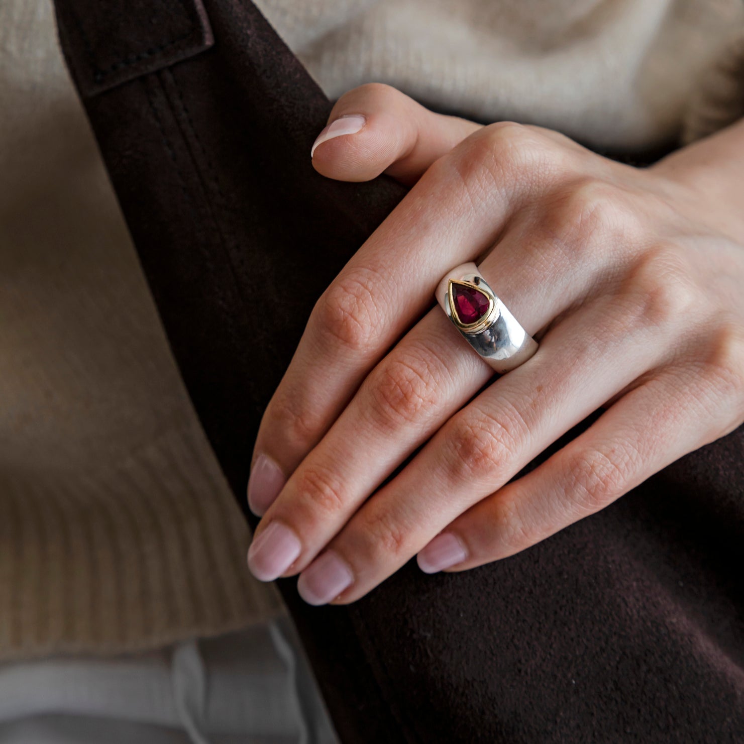 chunky gold and silver pink tourmaline ring