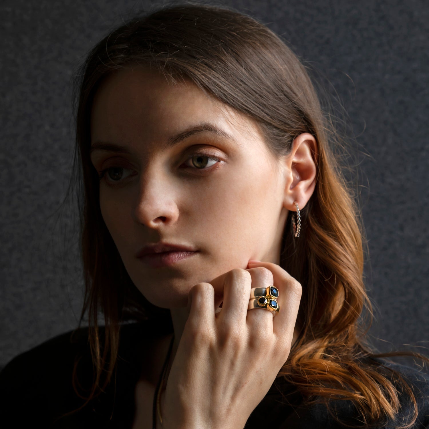 Chunky silver and gold ring with cushion Topaz