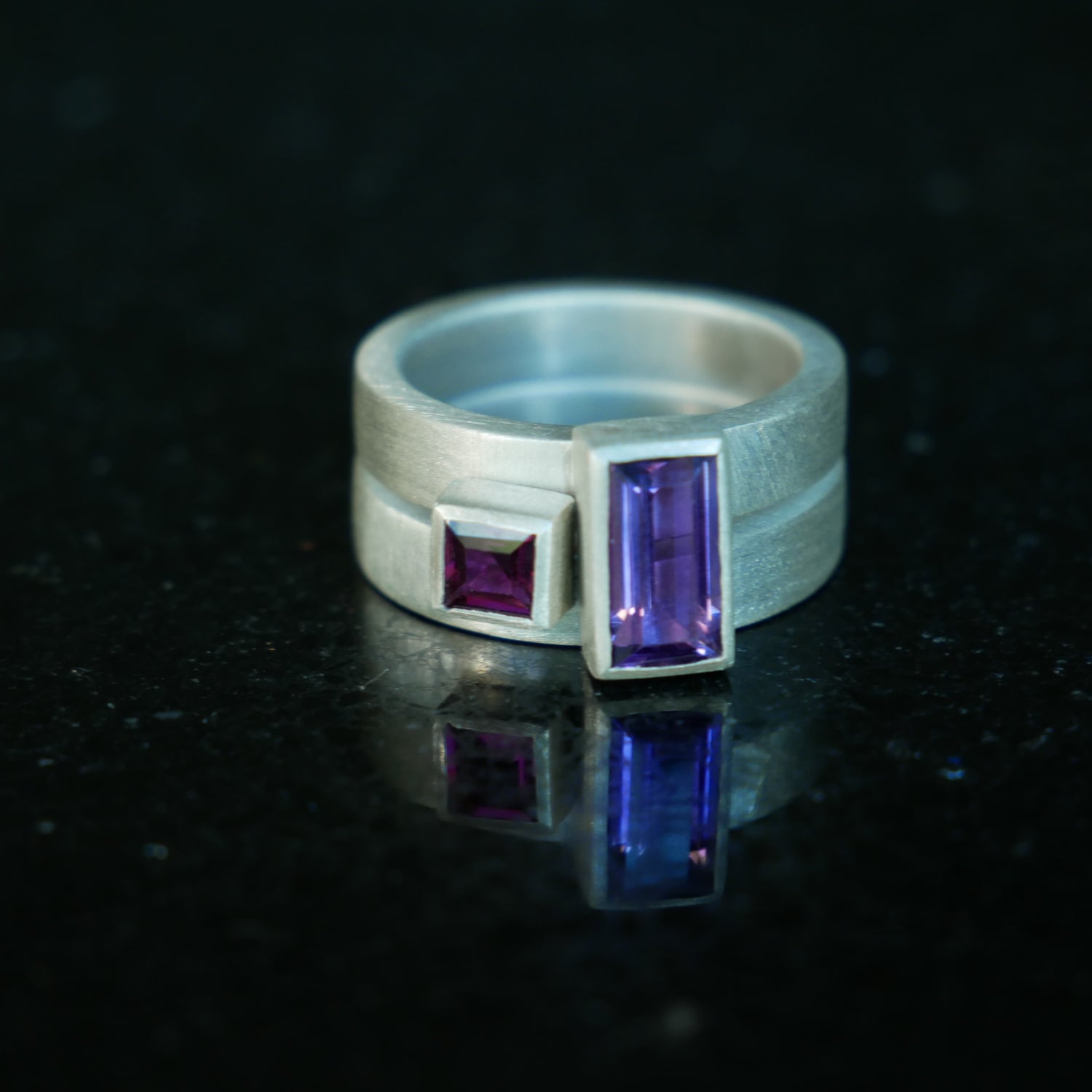 Silver Geometric Stacking Rings With Amethyst And Rhodolite Garnet