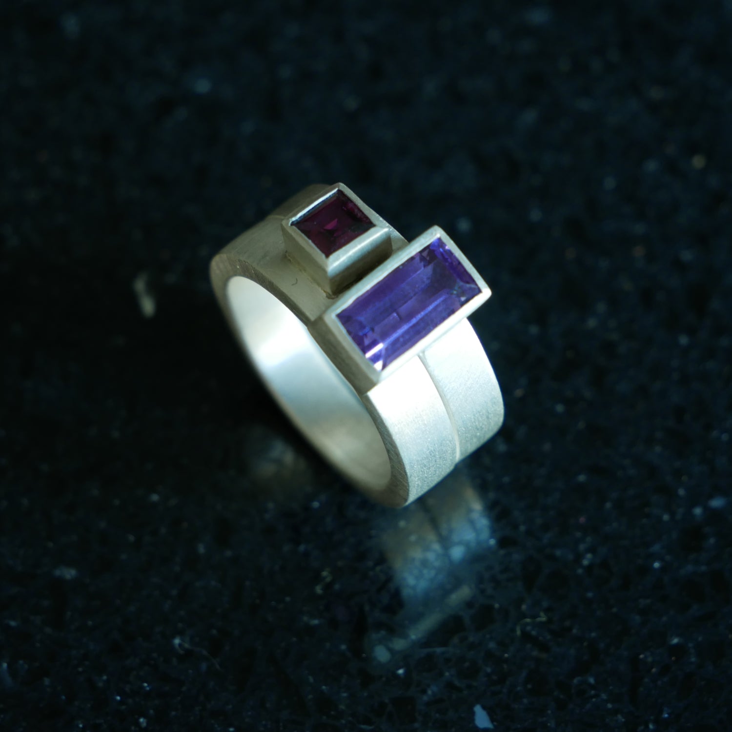 Silver Geometric Stacking Rings With Amethyst And Rhodolite Garnet