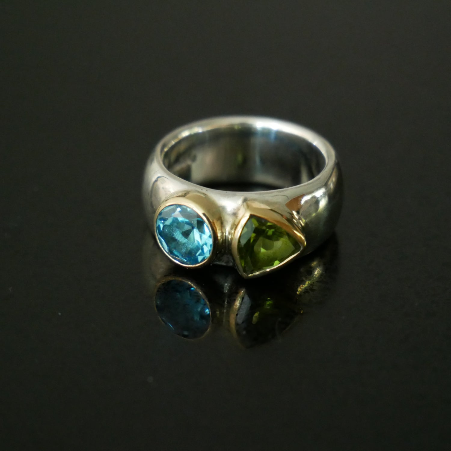 chunky silver and gold ring with topaz and peridot