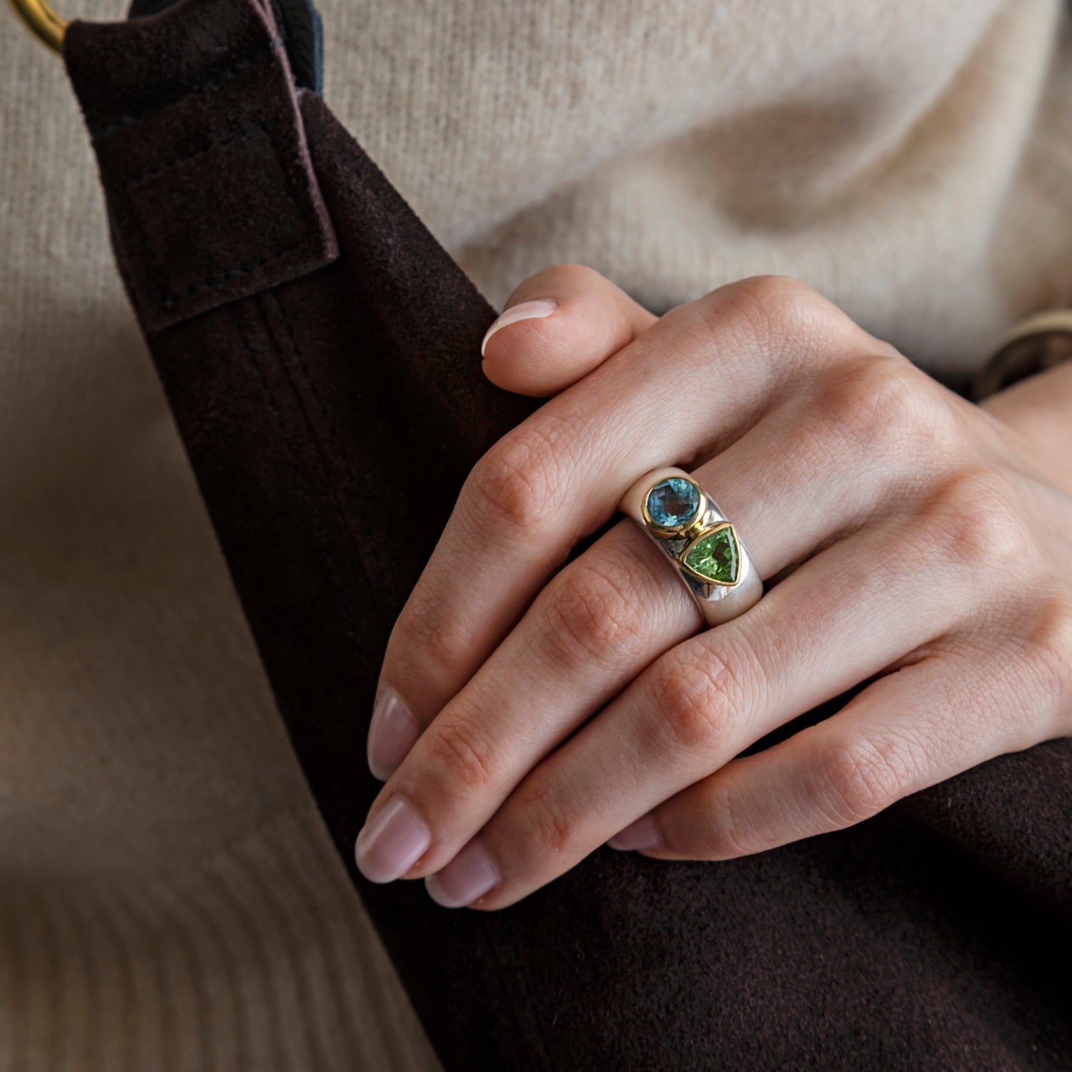 wide silver ring with topaz and peridot