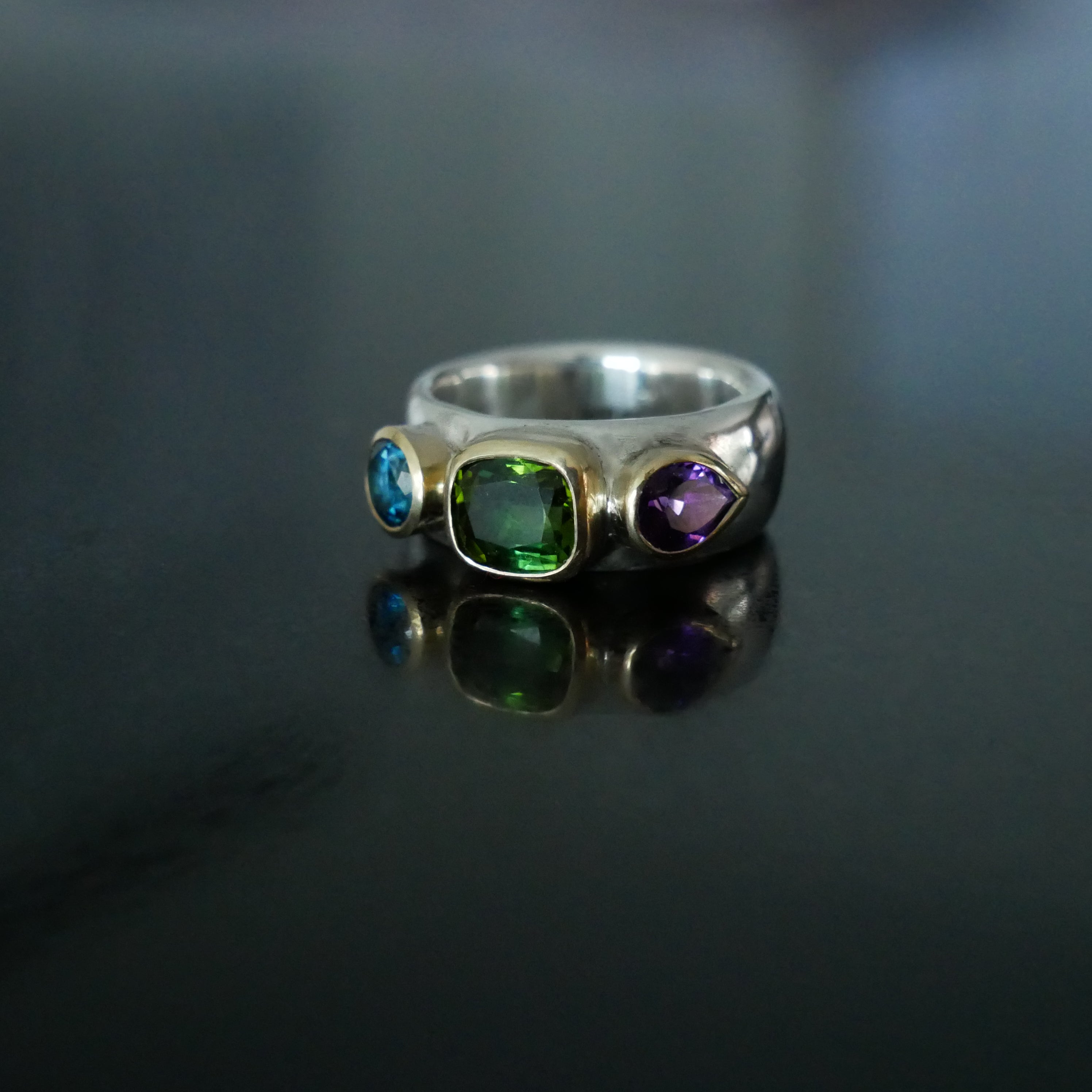 Chunky silver ring with tourmaline, Topaz and Amethyst