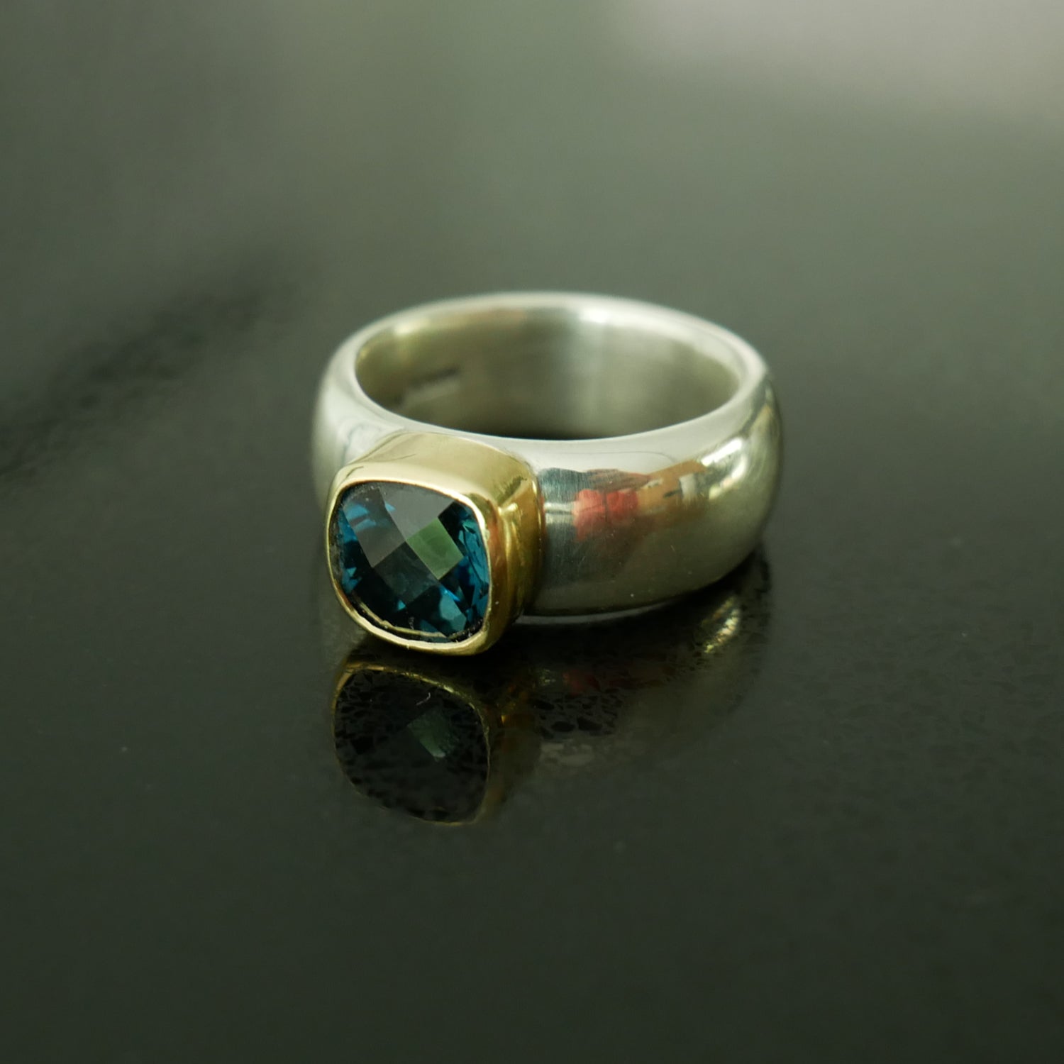 Chunky silver and gold ring with cushion Topaz