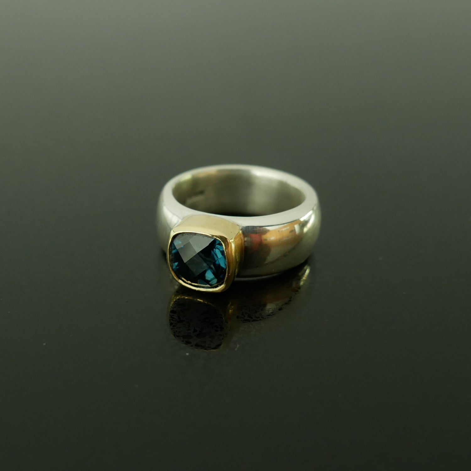 Chunky silver and gold ring with cushion Topaz