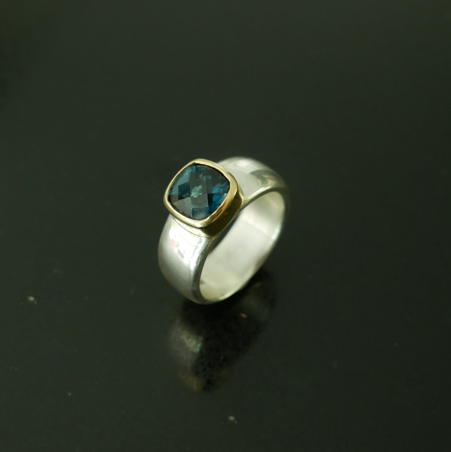 Chunky silver and gold ring with cushion Topaz