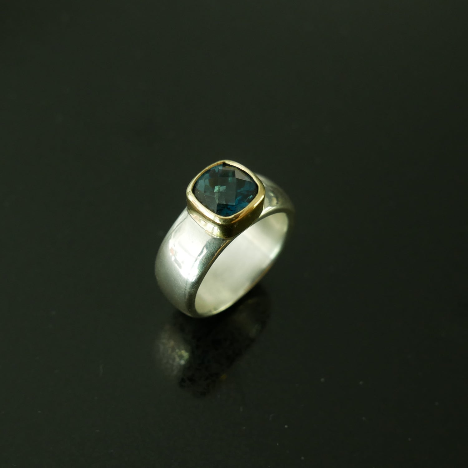 Chunky silver and gold ring with cushion Topaz