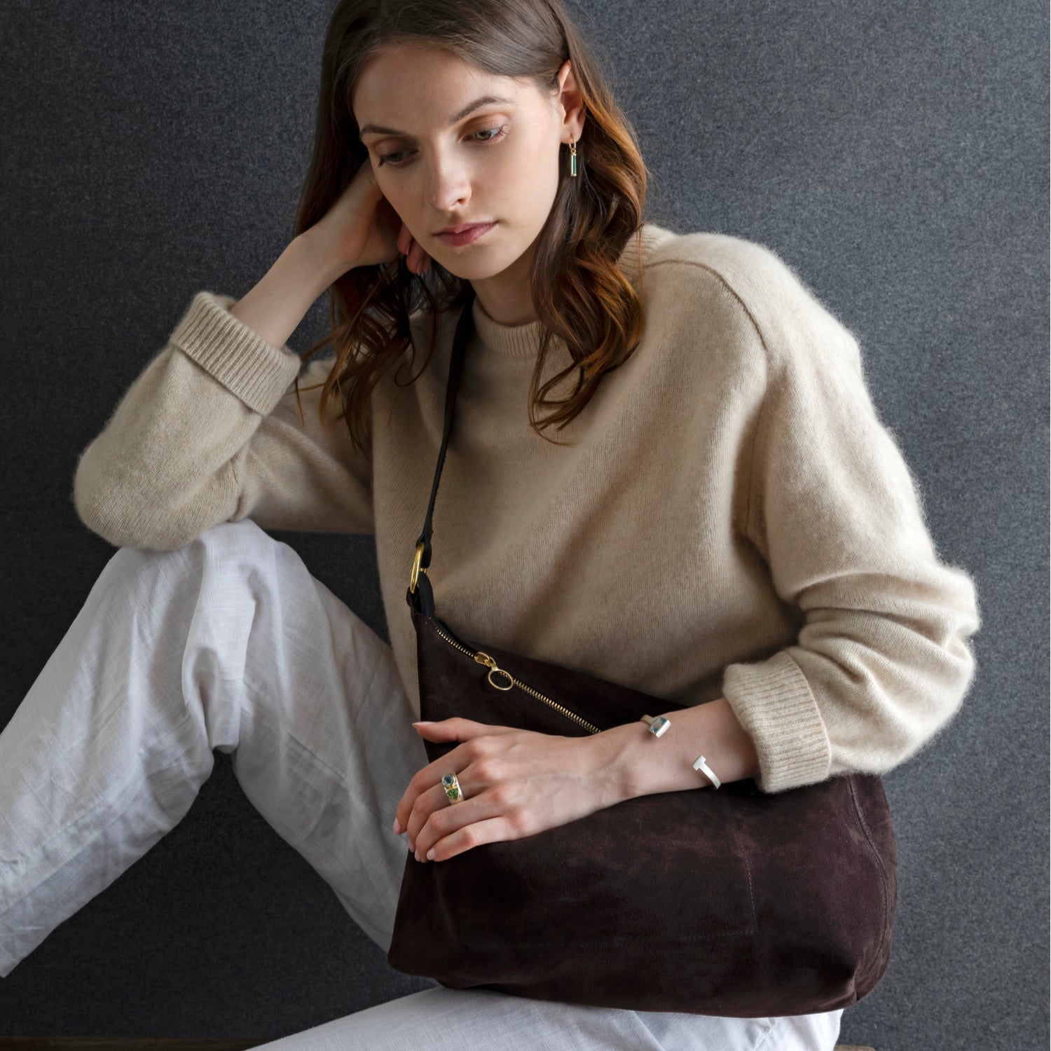 Brown soft suede shoulder bag